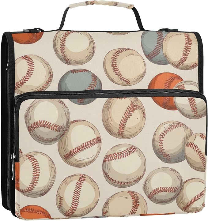 Fisyme Vintage Baseball Sport Zipper Binder 3 Ring with Zipper and Shoulder Strap Large Capacity Multi-Pocket Binder Organizer