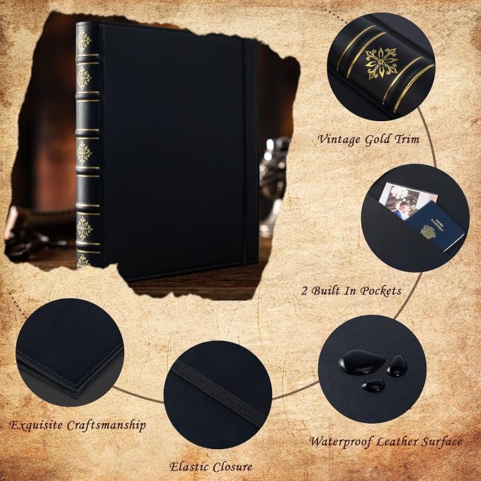 Ospelelf Vintage Leather 3 Ring Binder 1 Inch, Hardback D Ring Binder with Pockets and 5 Tab Dividers, Book Style Document Organizer Fits Letter Size Paper for Home and Office Black