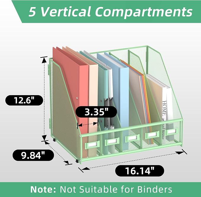 Desk Organizers Metal Desk Magazine File Holder with 5 Vertical Compartments Rack File Organizer for Office Desktop, Classroom, Home Workspace, Green
