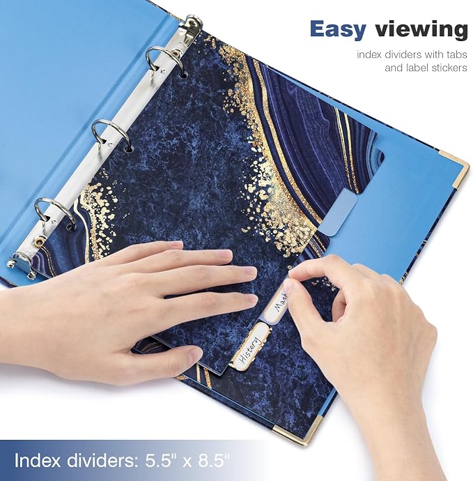 Ospelelf Mini 3-Ring Binder, 1 Inch, Cute Blue Marble Binder for 5.5" x 8.5", with 5 Tab Dividers, File Folder Labels and Low-Profile Clipboards, School and Office Supplies