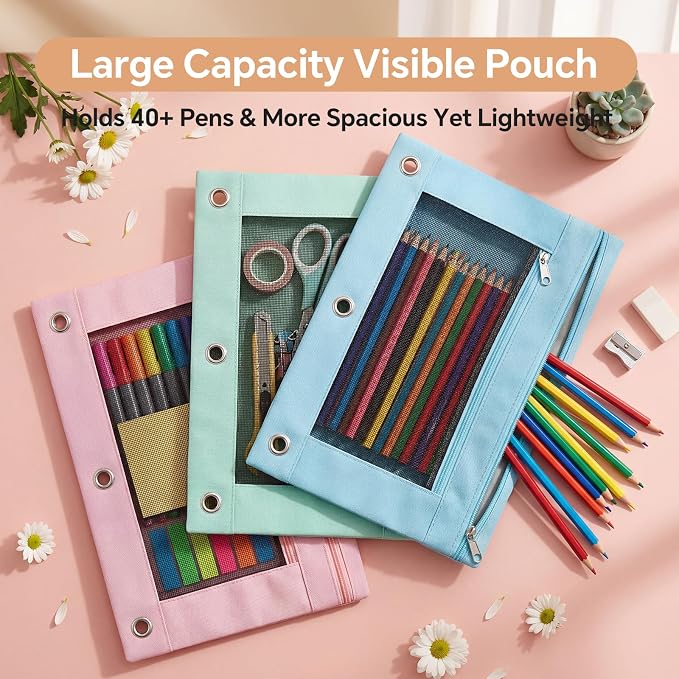 Lanpn 72 Pcs Pencil Pouch for 3 Ring Binder, 2 Pocket Zipper Binder Pouch Bulk, Pastel Binders Pencil Case, School Supplies for Boy Girl Student, Reinforced Grommets, Clear Window, Micro Mesh