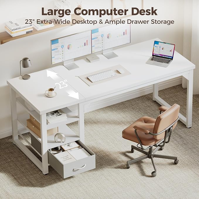 63 in Computer Desk with Drawer, 1" Thick Reversible Office Desk | Large Modern Writing Table with Storage Shelves, Heavy Duty Industrial Executive Desk for Home Bedroom Study Work