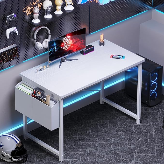 OLIXIS Computer Desk, 44 Inch Gaming Desks for Home Office Small Spaces | Writing Study Craft Work Table, Computer Workstation for Bedroom with Storage Bag, All White
