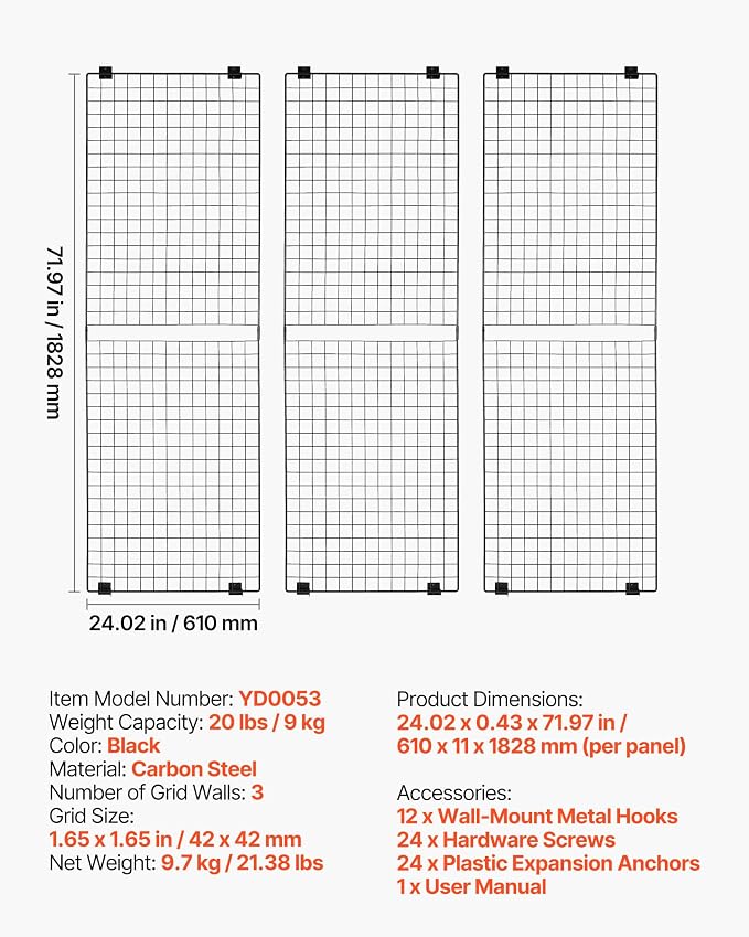 VEVOR 3 Packs Grid Wall Panels, 2 x 6 ft Wire Grid Panels Display Rack, Wall-Mounted Art Display Shelf, Black Carbon Steel Wall Hanging Gridwall for Craft Show, Decoration, Storage, Notice Board