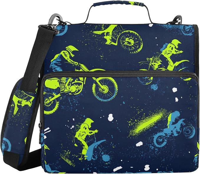 Fisyme Vintage Motocross Dirt Bike Zipper Binder 3 Ring with Zipper and Shoulder Strap Large Capacity Multi-Pocket Binder Organizer