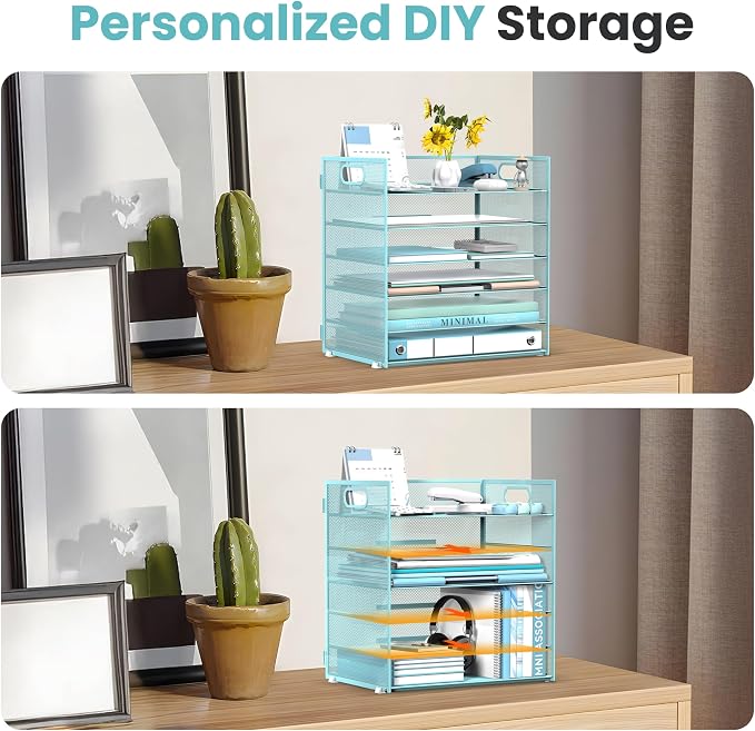 Daltack 6-Tier Paper Organizer for Desk with Handle, Blue | Sturdy Metal Mesh Organizer with Movable Middle Trays and a Carry Handle for Papers, Folders and Office Supplies