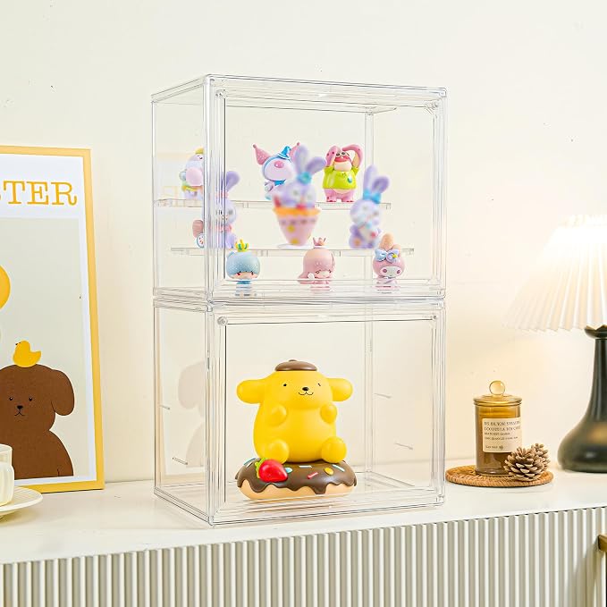 Small 3 Layer Acrylic Display Case Stackable Box for Collectibles,2 Pack | Removable Adjustable Partitions & Magnetic Door,Interlocking Stable Structure Clear Showcase for Collectibles Figure Storage