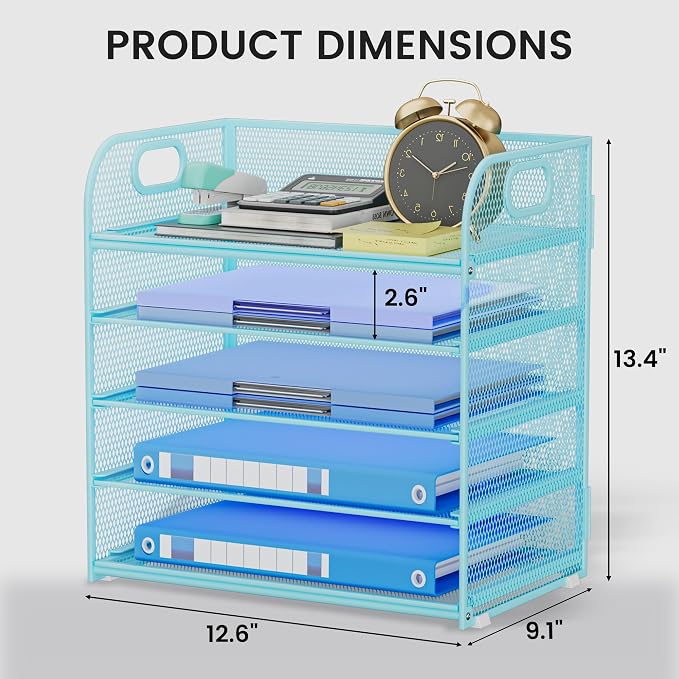 Paper Organizer Letter Tray with Handle Mesh 5-Tier | Stackable Desk Organizer for Files/Paper/Office Supplies, Sturdy Carbon Steel Desk Organizer for Home Office & Classroom