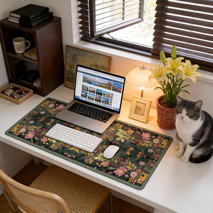Floral Aesthetic Wildflower Gaming Mouse Pad, Forest Green Rug Desk Mat with Anti-Slip Base & Stitched Edges,35.4" x 15.7" in Desk Accessories for Women, Home Office Decor & Artistic Gift
