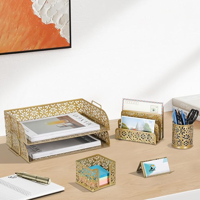 EasyPAG Desk Organizers and Accessories 5 Pieces Office Supplies Set - 2 Tier Paper Tray, Pencil Organizer for Desk, Mail Sorter Countertop, Business Card Holder and Sticky Note Holder, Gold