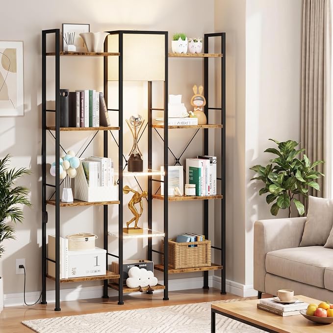 AFLUI Triple 4 Tier Industrial Bookshelf with Light, 11 Shelves | 2 Acrylic and Light for Better Display, Wide 3 Column Open Storage Fits Book or Decor, Industrial Metal Frame for Living Room