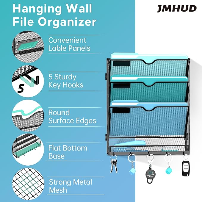 4-Tier Wall File Organizer and Mail Organizer with 5 Hooks, 2 Pack | Label slots, curved openings, 5 key hooks, and a bottom tray support organized mail, file, and everyday item storage.