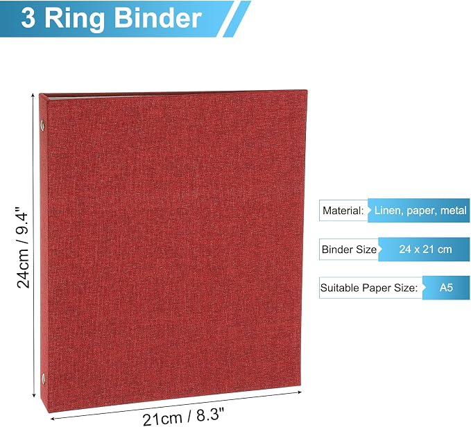 PATIKIL A5 Size 3 Ring Binder,1Pcs 1 Inch Round Ring Durable Linen Hardcover Binder Fit for Paper Recipe Photo Office, Red