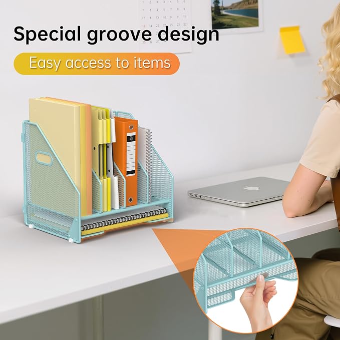 Docnest Mesh Desk File Organizer, 4 Vertical Compartment Box Sorter, Blue | Features 3 removable middle dividers for custom spacing and a bottom letter tray to hold paper, mail, and documents