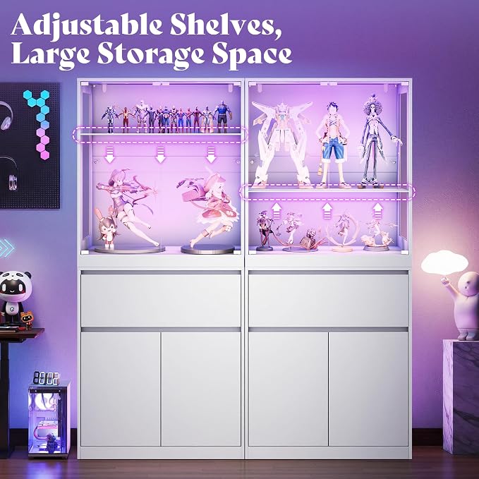 AMERLIFE RGB Display Cabinet, 32 x 16 x 36 Inch | 2-Tier Storage Case with LED Lights, Adjustable Shelves and Press-to-Open Doors, White