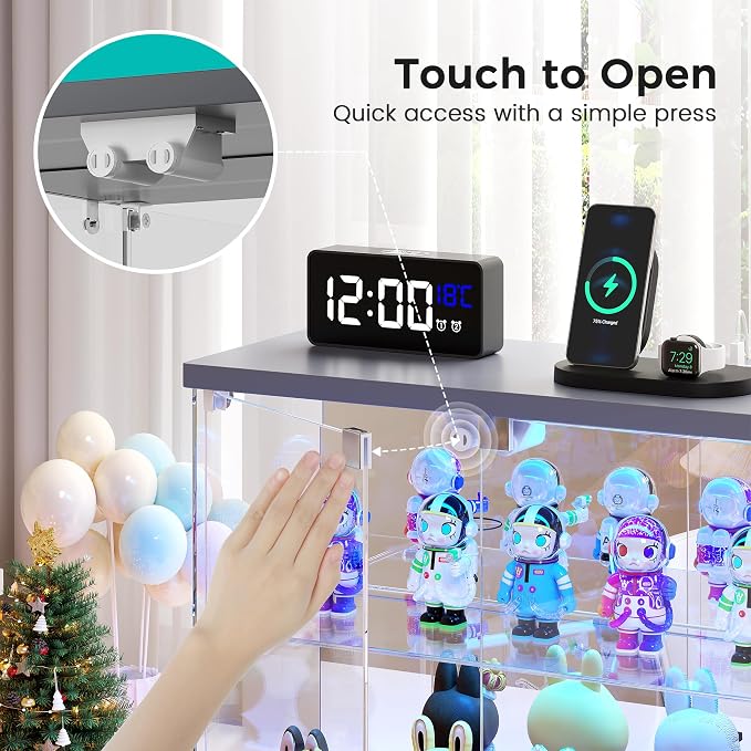Dystler Glass Display Case with LED Lights, Small 2-Tier for Figures | Lighted Display Cabinet with Motion Sensor, Clear Tempered Glass Door, USB-C Charging Hub for Collectibles, Rocks, Tabletop