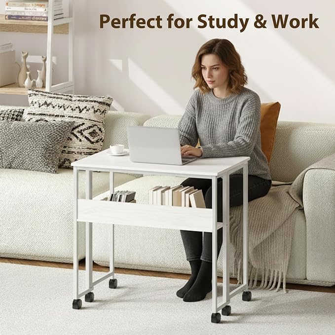 24.8" Folding Desk Rolling Desk with Storage Shelf,Space-Saving Foldable Computer Desk with Wheels,Portable Mobile Couch Sofa Side Table for Small Spaces, Home Office, Study, Easy Assembly,white