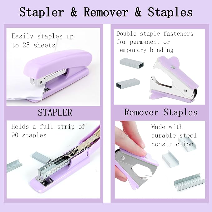 Purple Office Desk Accessories Supplies, 12pcs Desk Organizers and Accessories with Tape dispenser and Stapler,Staples,Staple Remover,Pen Holder,Scissor,Ruler,Sticky Tabs,Tape,Ballpoint Pen,Clips Set