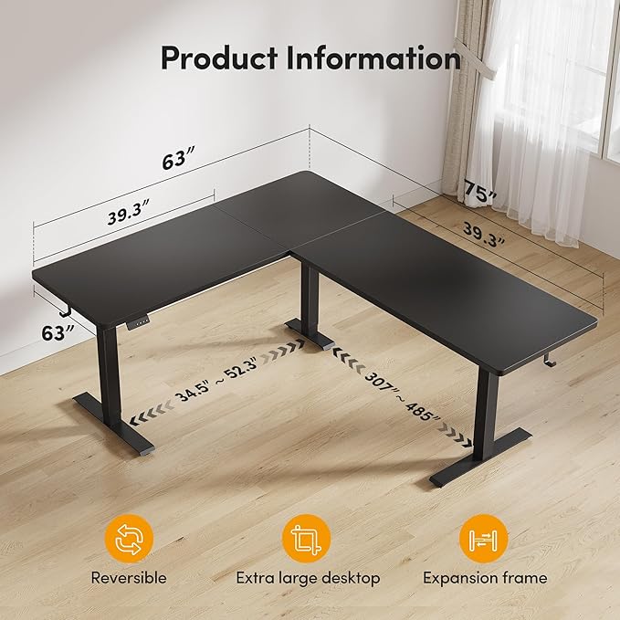 CubiCubi 75“ x 63" L Shaped Standing Desk Adjustable Height, Electric Corner Desk, Sit Stand Home Office Desk with Splice Board, Black
