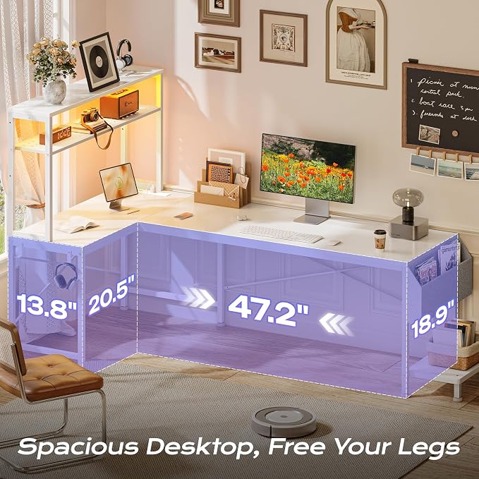 L Shaped Gaming Desk with LED Lights & Power Outlets | Reversible Computer Desk with Storage Shelves & Bag, Large Corner Home Office Desk with Pegboard for Work from Home, White