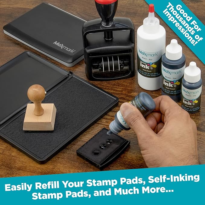 MaxMark Premium Refill Ink with Control Tip Bottle for Self-Inking Stamps, Gray Color - 2 oz.