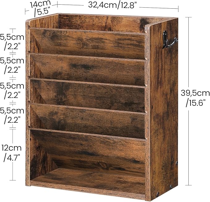 Wall File Organizer, 6-Tier Vertical Mount Hanging Holder with 2 Side Hooks, Vintage Wooden Magazine Storage Crate with Bottom Flat Tray, Desk Organizer, for Office, Home, Rustic Brown MWJ01FG