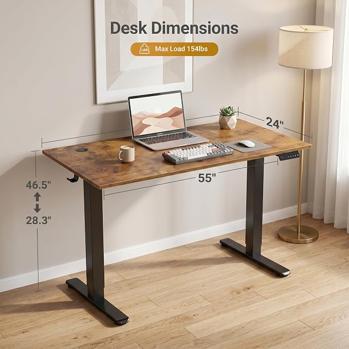 Claiks Electric Height Adjustable Standing Desk, 55x24 Inch, Rustic Brown | Smooth Height Adjustment, 3 Memory Presets, Cable management hub & hook, Stable Steel Frame, 156 lbs Capacity, Easy Assembly