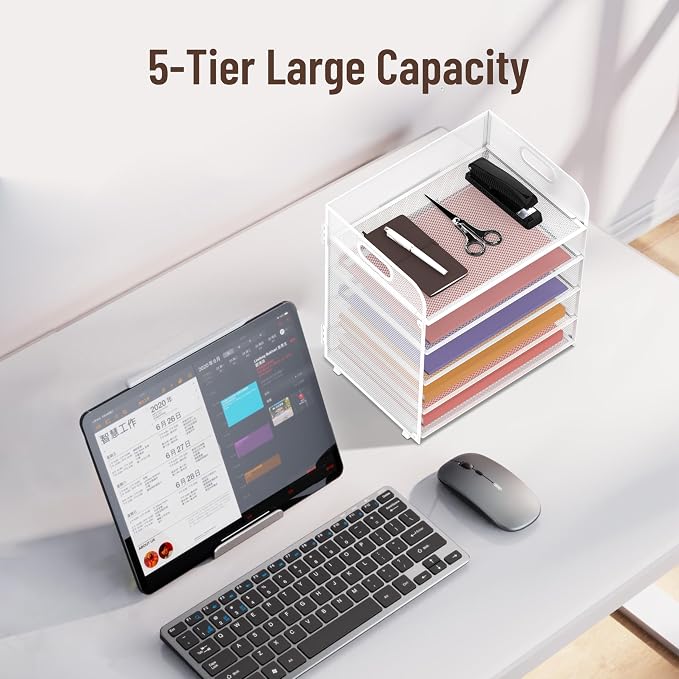 5 Trays Paper Organizer Letter Tray with Handle-Mesh Desk File Holders, Paper Sorter Desk Organizer for Office, Home, Classroom or School, White