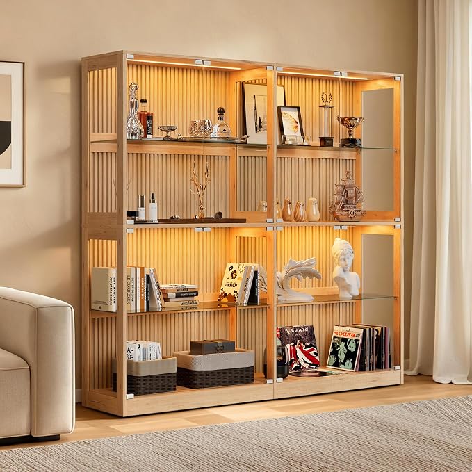 AMERLIFE 75-Inch RGB Display Cabinet with Glass Shelves | 70 H x 75 W x 16 D In, 4-Tier Storage, RGB LED Lights, Press-to-Open Doors, for Collectibles, Wood-Grain Slatted Finish