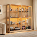 AMERLIFE 75-Inch RGB Display Cabinet with Glass Shelves | 70 H x 75 W x 16 D In, 4-Tier Storage, RGB LED Lights, Press-to-Open Doors, for Collectibles, Wood-Grain Slatted Finish