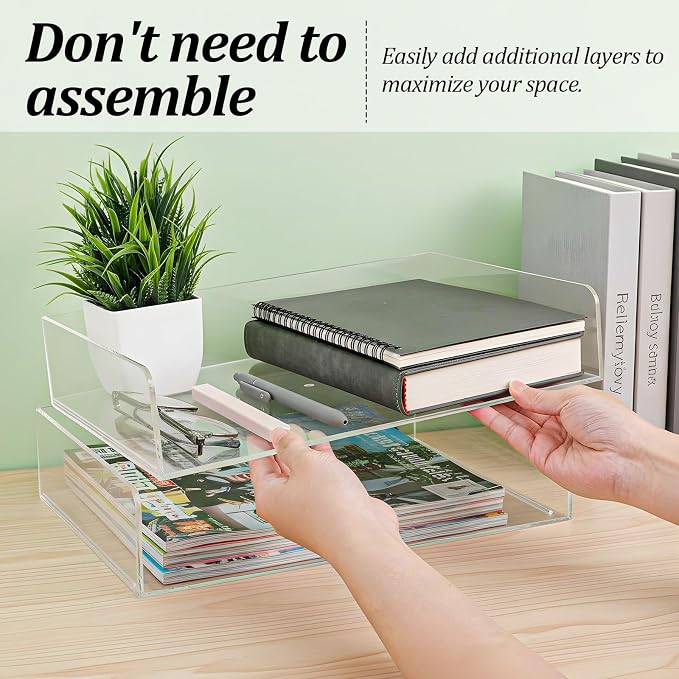 2 Pack Clear Acrylic Stackable Paper Letter Tray Organizer Desktop File Organizer for Office Workspace Document Storage, 12.4x8.7x2.75 Inch