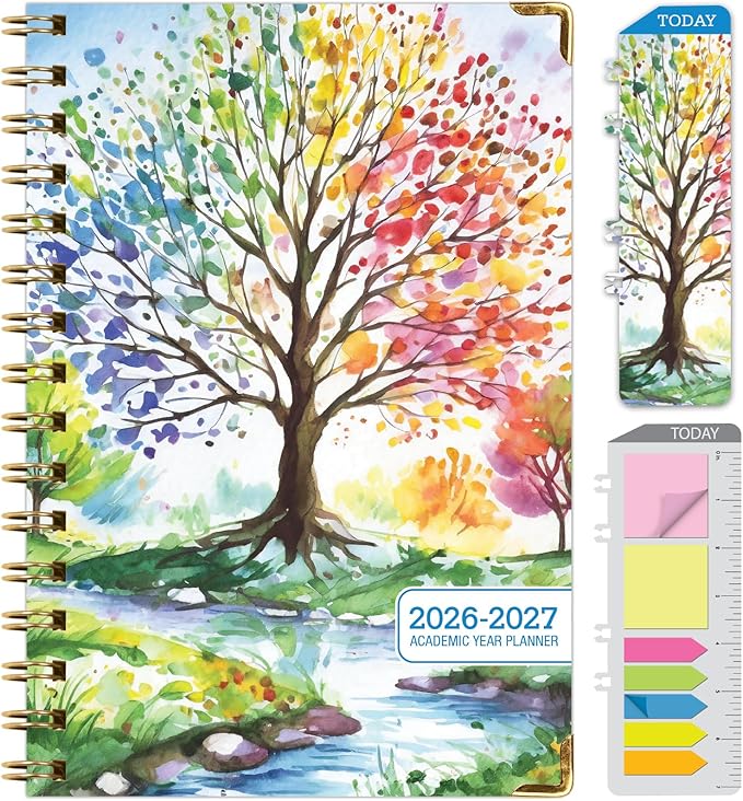 HARDCOVER Academic Year 2026-2027 Planner: 14 Months (May 2026 Through June 2027) 5.5"x 8" Daily Weekly Monthly Planner Yearly Agenda. Bookmark, Pocket Folder and Sticky Note Set (Tree Seasons)