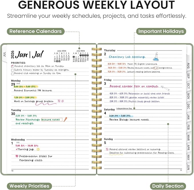Taja Planner 2026-2027, 6.3" x 8.5" Calendar Planner, Jul 2026-Jun 2027 | A5 Hardcover Weekly & Monthly Academic Year Planner, Large Planning Agenda With Tabs, School & Office Supplies, Green