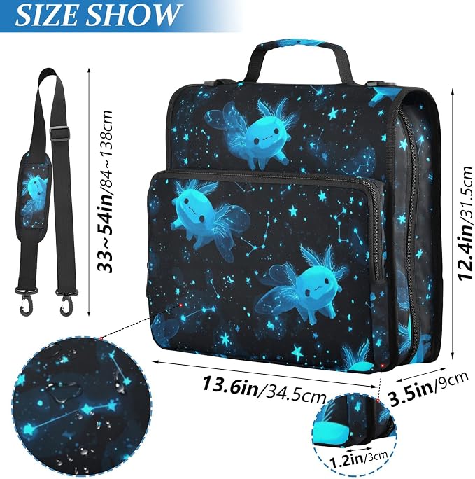 Fisyme Cartoon Galaxy Axolotl Zipper Binder 3 Ring with Zipper and Shoulder Strap Large Capacity Multi-Pocket Binder Organizer