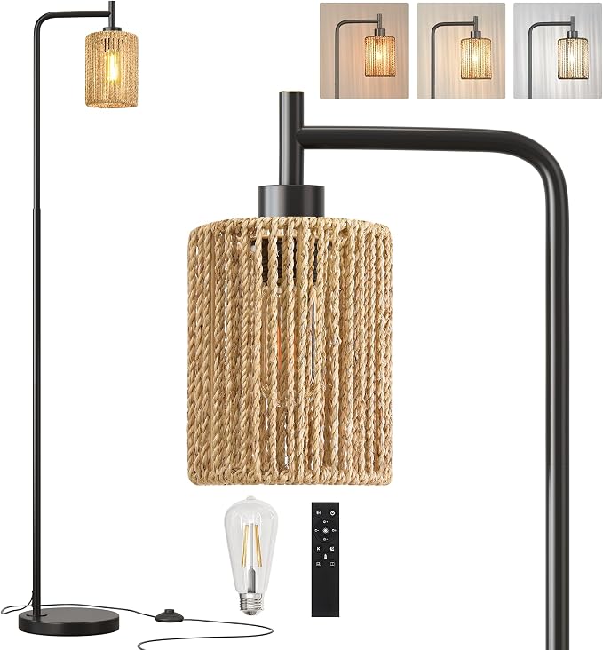 66" Black Floor Lamp for Living Room, Boho Floor Lamp with Remote Control and LED Bulb, Rattan Shade, Industrial Tall Farmhouse Standing Lamp for Bedroom, Dining Room, Study Room, Office