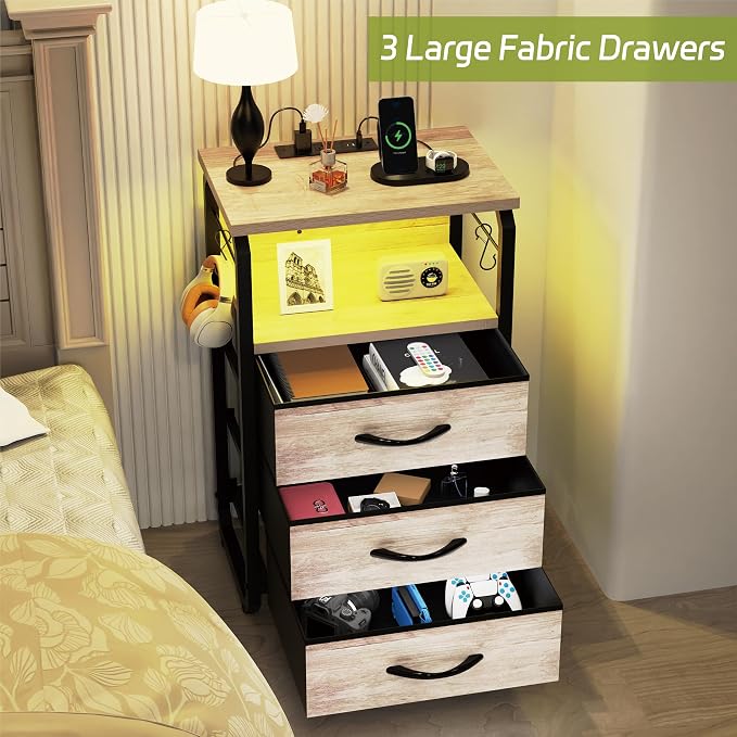 runjuly End Tables Set of 2 with Charging Station, LED Light, Hooks, Greige | 3 Large Fabric Drawers, USB C Ports & Power Outlets, Metal Night Stand Pair, Storage Nightstand for Living Room / Bedroom