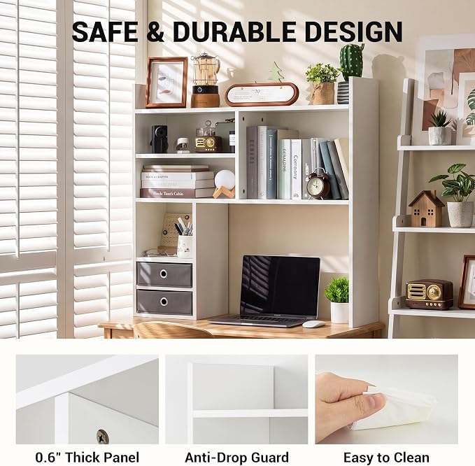 deli Desktop Bookshelf, High-Capacity Desk Hutch Organizer, White | with 7 Shelves and 2 Drawers for Computer Desk, Desk Shelf Organizer for Dorm Office Home
