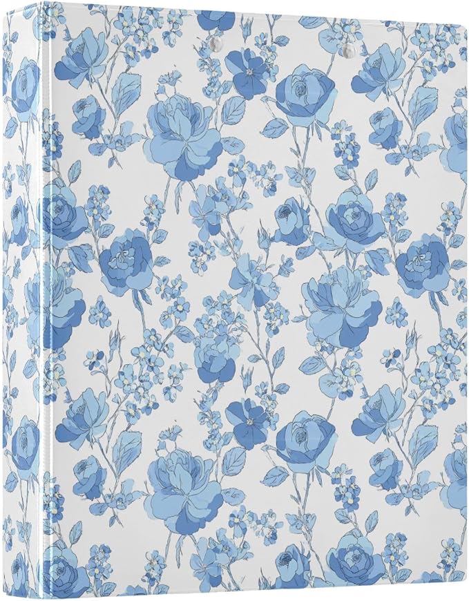 Aslsiy Vintage Blue Floral Moth 3 Ring Binder 1.5 Inch White Round Clipboard Binder Decorative Harcover Binder Organizer for Office Supplies