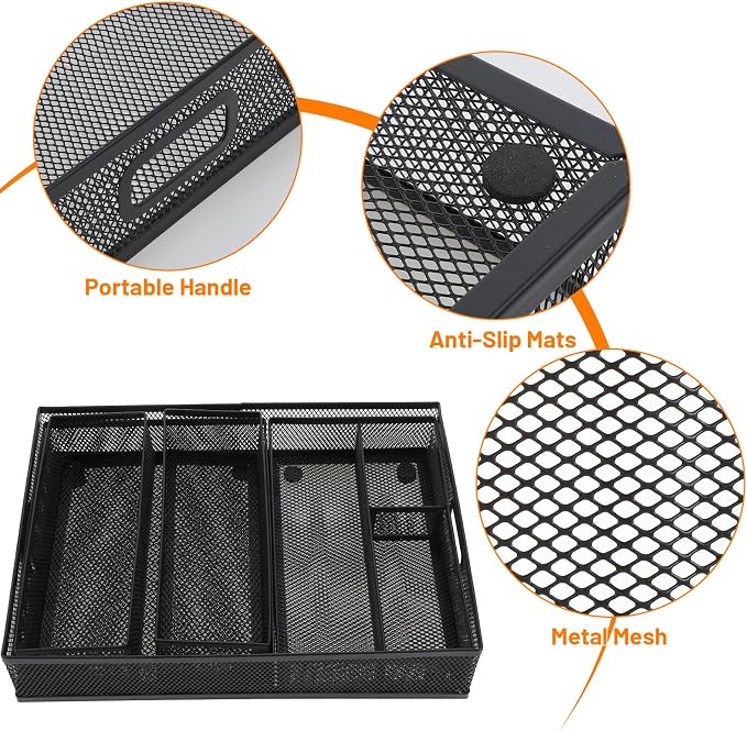 5 Pack Desk Drawer Organizer Tray Set - Stackable Metal Mesh Desk Drawer Organizers and Accessories, for Office Supplies Storage(Black)