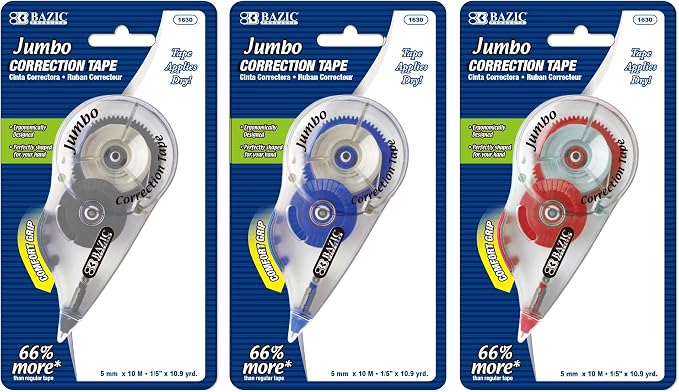 BAZIC Correction Tape Jumbo 5 mm x 394", Mini Instant Corrections, Easy to Use Applicator Tapes Roller White Out Tape Pen with Grip for Office & Home, 144-Packs