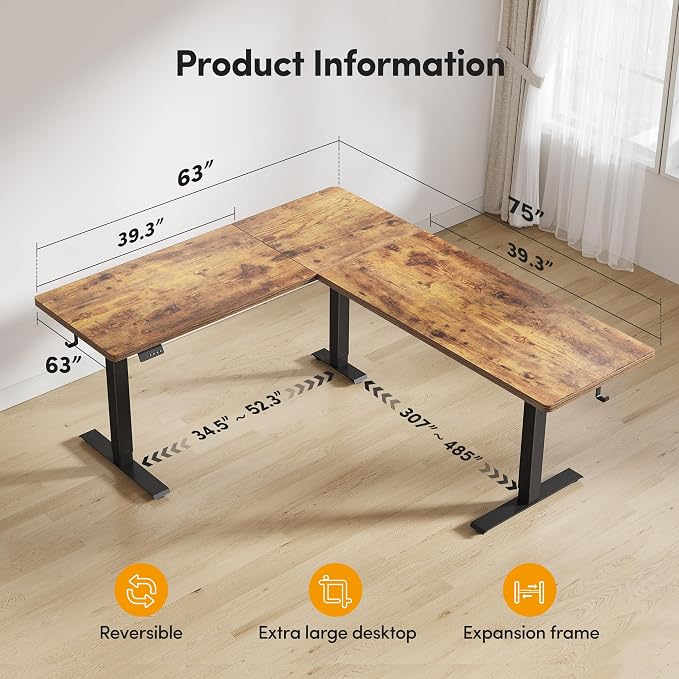 CubiCubi 75“ x 63" L Shaped Standing Desk Adjustable Height, Electric Corner Desk, Sit Stand Home Office Desk with Splice Board, Rustic Brown