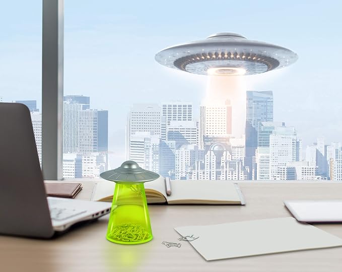 Genuine Fred Filing Saucer Paperclip Dispenser UFO Holder with Cow Paperclips, Space Themed Desktop Organizer Fun and Functional Desk Accessory for Home and Office