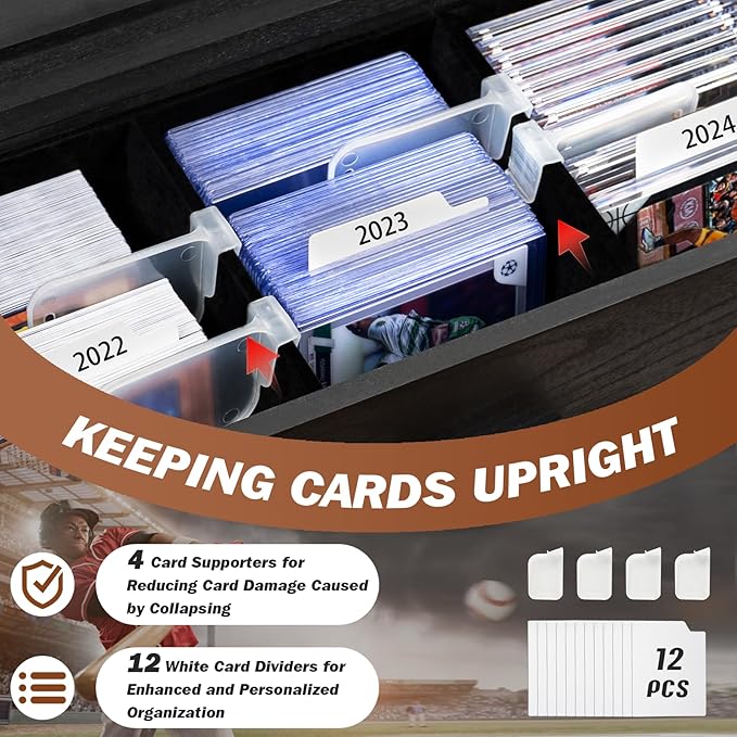 Emfogo Trading Card Display, 3-Tier Card Display Case with Custom Drawer, Wood Graded Card Display with Supporters and Dividers, Sports Card Display Case for Collection (Black)