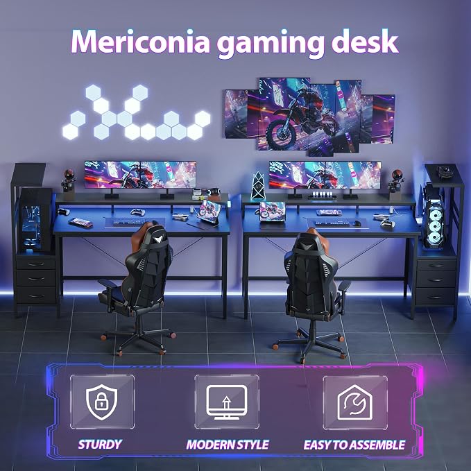 52 inch Gaming Desk with Drawers, Reversible Computer Desk, Black | Gamer Desk with LED Lights, Power Outlets & Monitor Stand, Large Office Table for Home Bedroom Study Work Writing