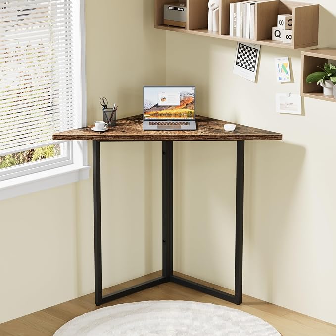 VECELO Corner Desk,Office Tables for Living Room for Small Space Triangle Computer Desk with Steel Frame Corner Shelves with Metal Frame Writing Desk for Workstation Classic Brown 31.1"