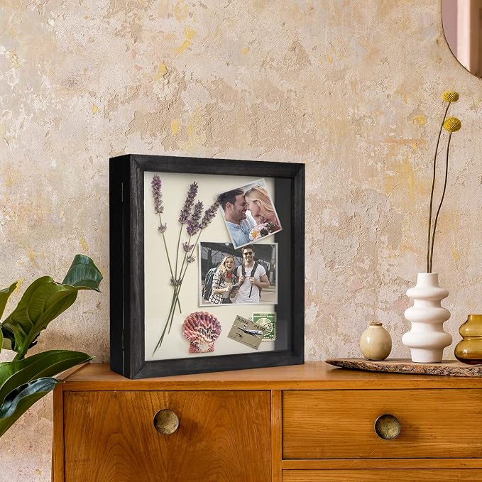 TJ.MOREE Shadow Box 12 x 12 Display Case Wood Picture Frame Memory Black | Fits 10.6x10.6 Inserts with Linen Back & Glass, Rustic Keepsake Box for Pet Memorabilia Gifts Wedding Bouquet Military Medals