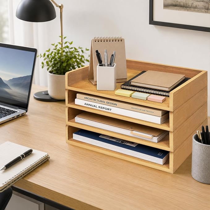 4 Pack Stackable Paper Tray, Wooden Paper Tray Organizer with Letter Tray, Paper Holder for Desk, Desktop File Storage Rack for Study, Home and Office (Oak)