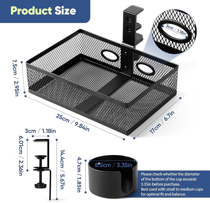 360 Rotating Under Desk Drawer Organizer with Cup Holder Clamp On Desk Drawer No Drilling Swivel Desk Tray Anti-Slip Small Pencil Drawer Under Desk Storage Easy Install for Home Office