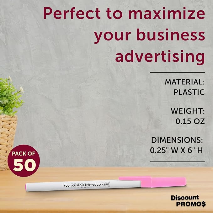 DISCOUNT PROMOS Custom Value Stick Pens Set of 50, Personalized Bulk Pack - Black Ink, Great for Office, School, Business, Tradeshows, Events - Pink