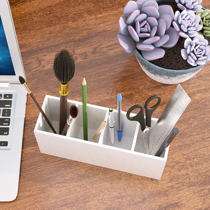 NIUBEE Acrylic Pen Holder 4 Compartments, White Pencil Organizer Cup for Countertop Desk Accessory Storage (White) | Scratch-resistant thick acrylic with 4 slots for pens, pencils, makeup brushes, office, vanity and school use